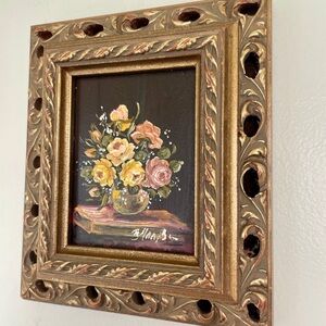 Vintage Miniature  Old World Floral Oil Painting With Ornate Gold Frame Signed